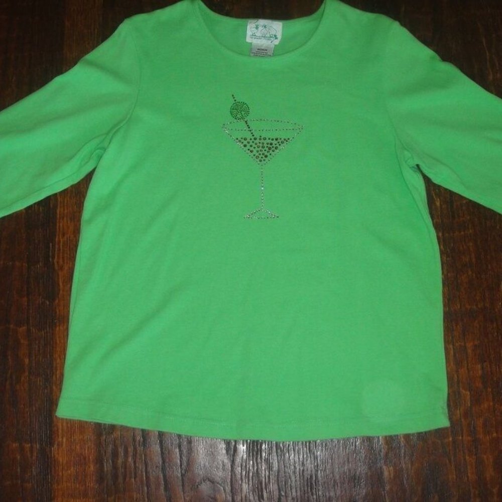 NEW Quacker Factory *Green MARTINI Cocktail RHINESTONE 3/4slv T-Shirt TOP* M / L